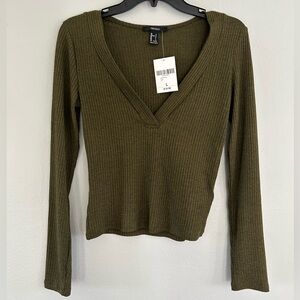Forever 21 Olive Ribbed V-Neck Long Sleeve Top